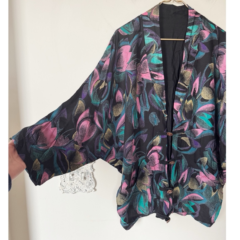 Vintage 80s Black Pink Teal Floral Oversized Kimono Jacket Blazer Artsy Boho L - Picture 2 of 9